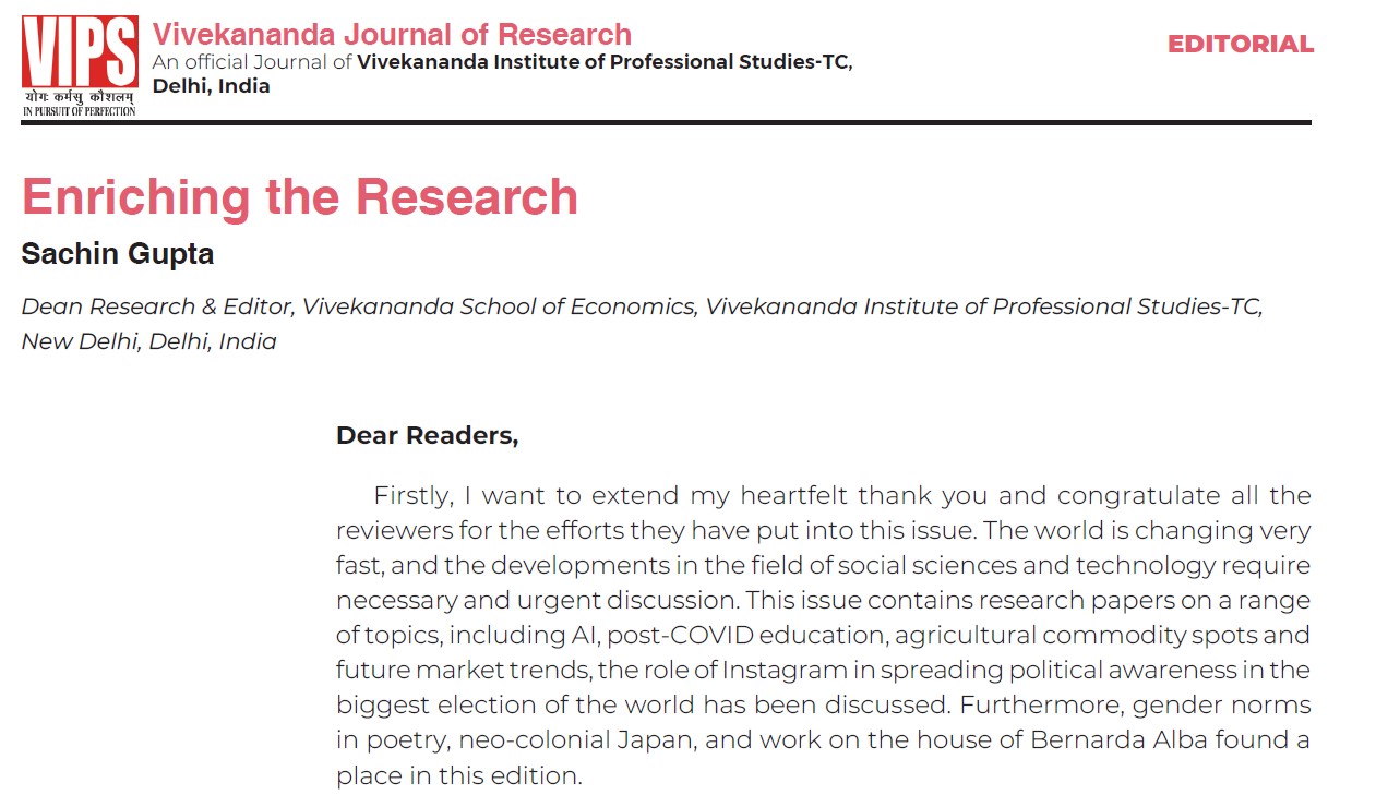 Vivekananda Journal of Research editorial